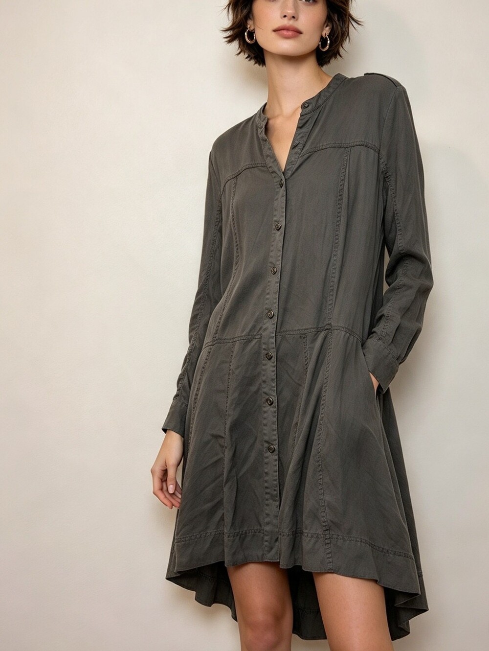 Anthropologie Holding Horses Gray Button Front Tunic Dress Boho Size 8